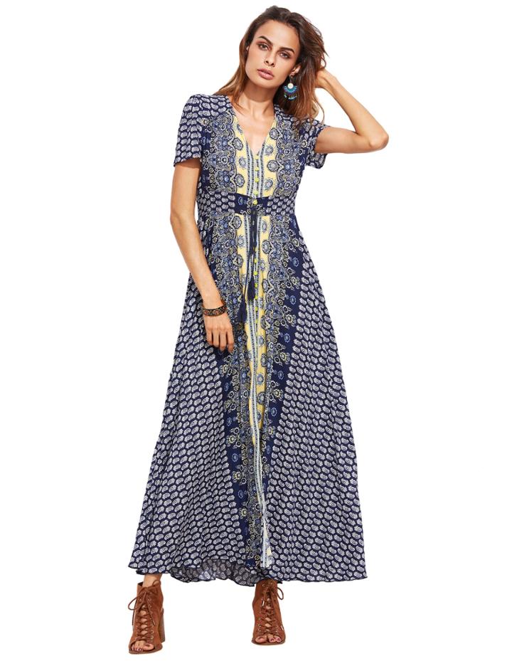 Shein Blue Tribal Print Fringe Detail Split Front Dress