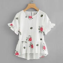 Shein Floral Embroidery Ruffle Hem Top