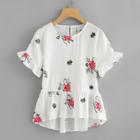 Shein Floral Embroidery Ruffle Hem Top
