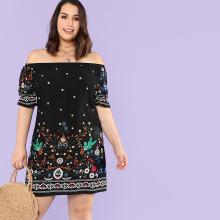 Shein Plus Botanical Print Off Shoulder Dress