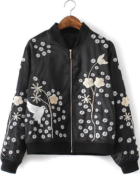 Shein Black Crew Neck Embroidery Zipper Jacket