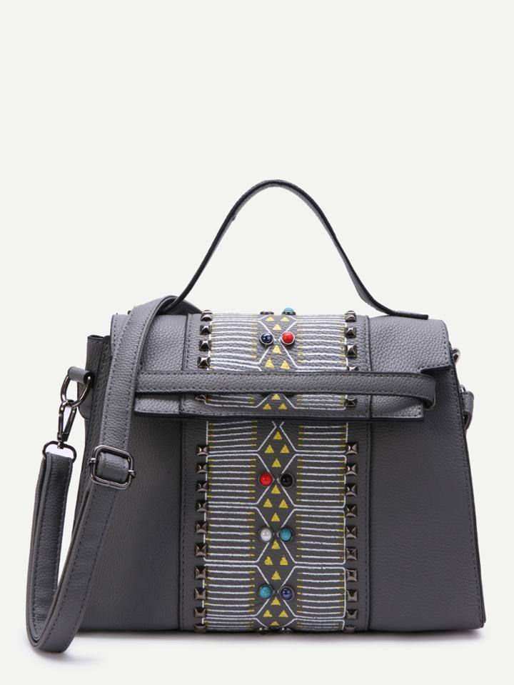 Shein Grey Studded Pu Satchel Bag With Strap