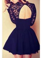 Rosewe Keyhole Front Backless Lace Splicing Black Dress