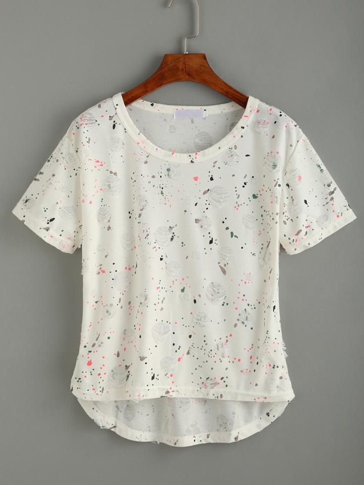 Shein White Print High Low Ripped T-shirt
