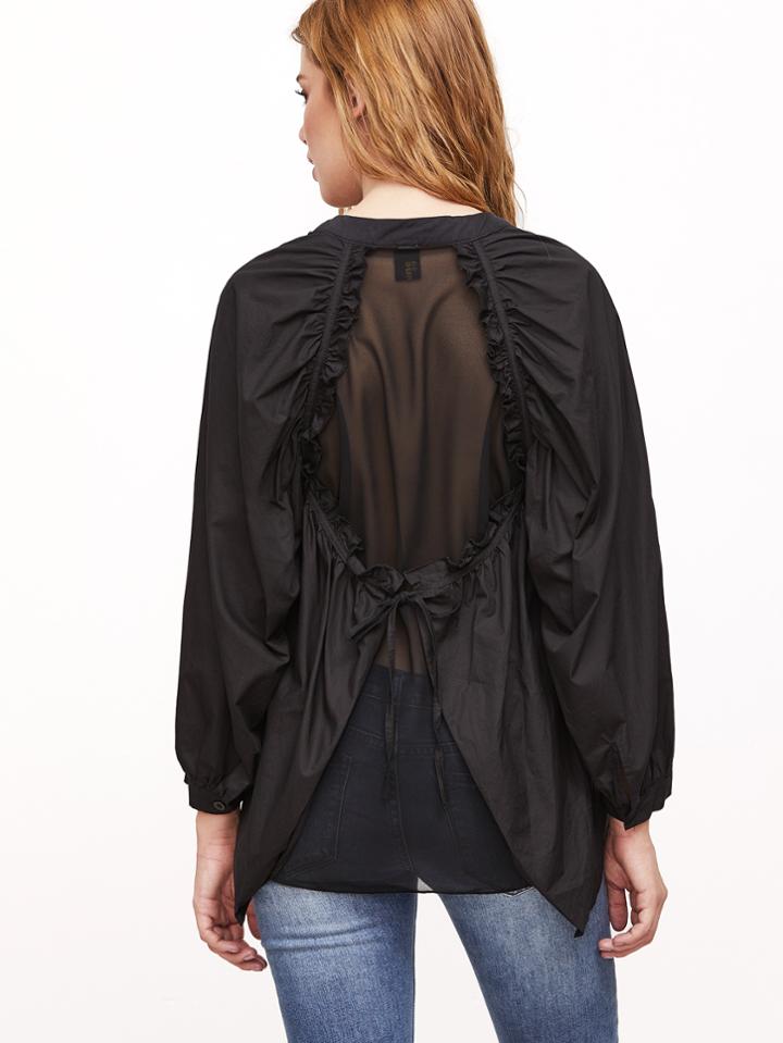 Shein Black Contrast Mesh Tie Back Chiffon Blouse