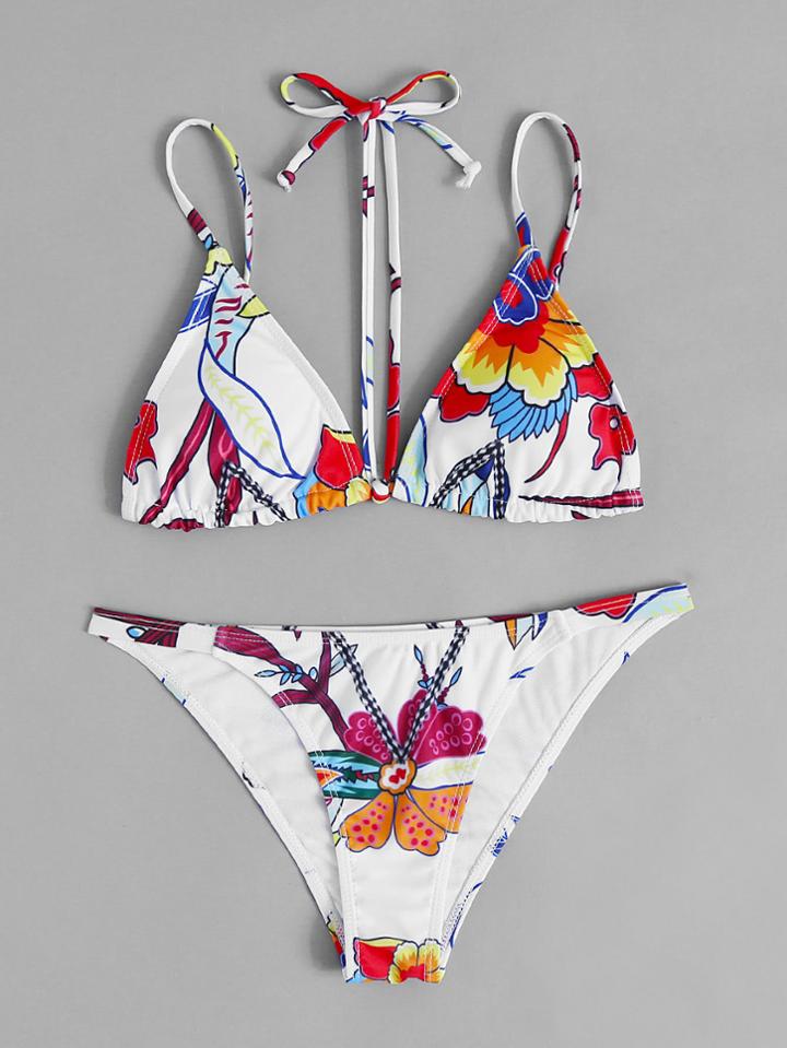 Shein Flower Print Halter Strap Triangle Bikini Set