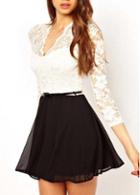 Rosewe Black And White Color Blocking Long Sleeve Dress