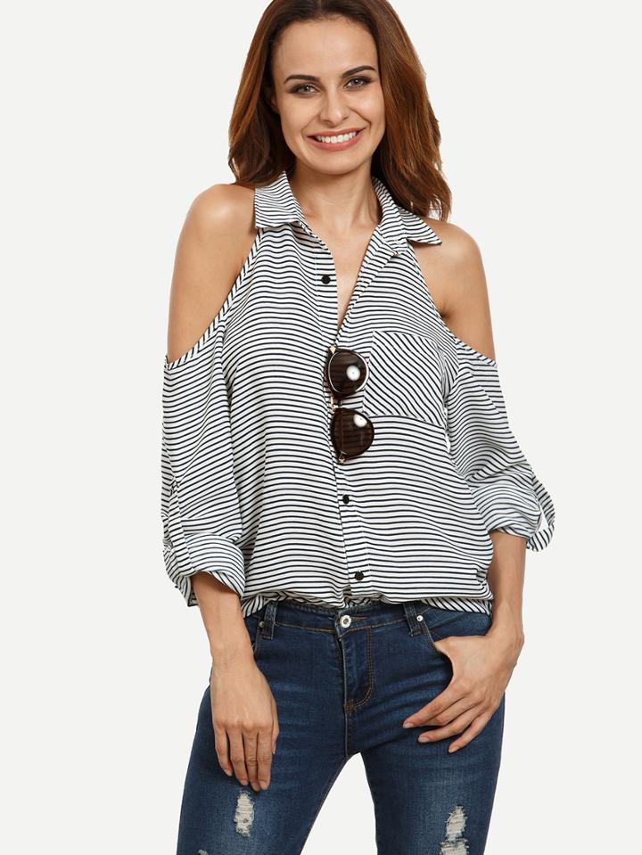 Shein Striped Button Down Lapel Cold Shoulder Blouse