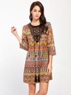 Shein Tasseled Tie Beaded Embroidered Neck Tunic Dress