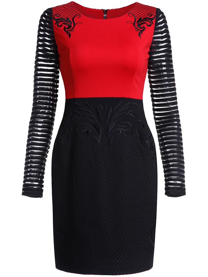 Shein Red Round Neck Long Sleeve Contrast Gauze Embroidered Dress