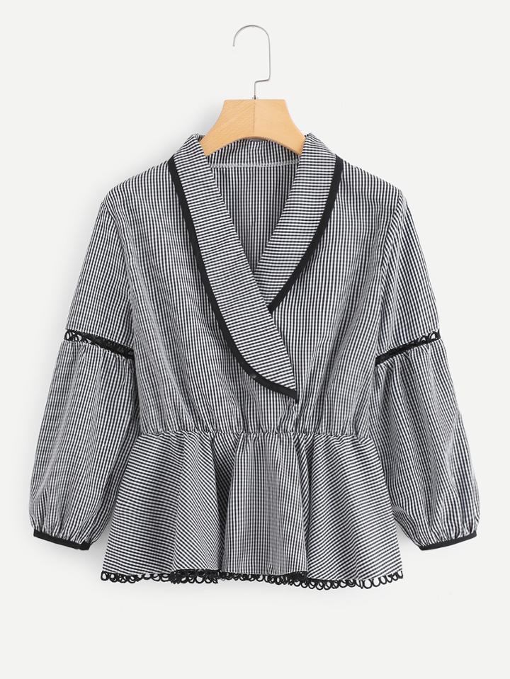 Shein Ruffle Hem Surplice Wrap Gingham Blouse