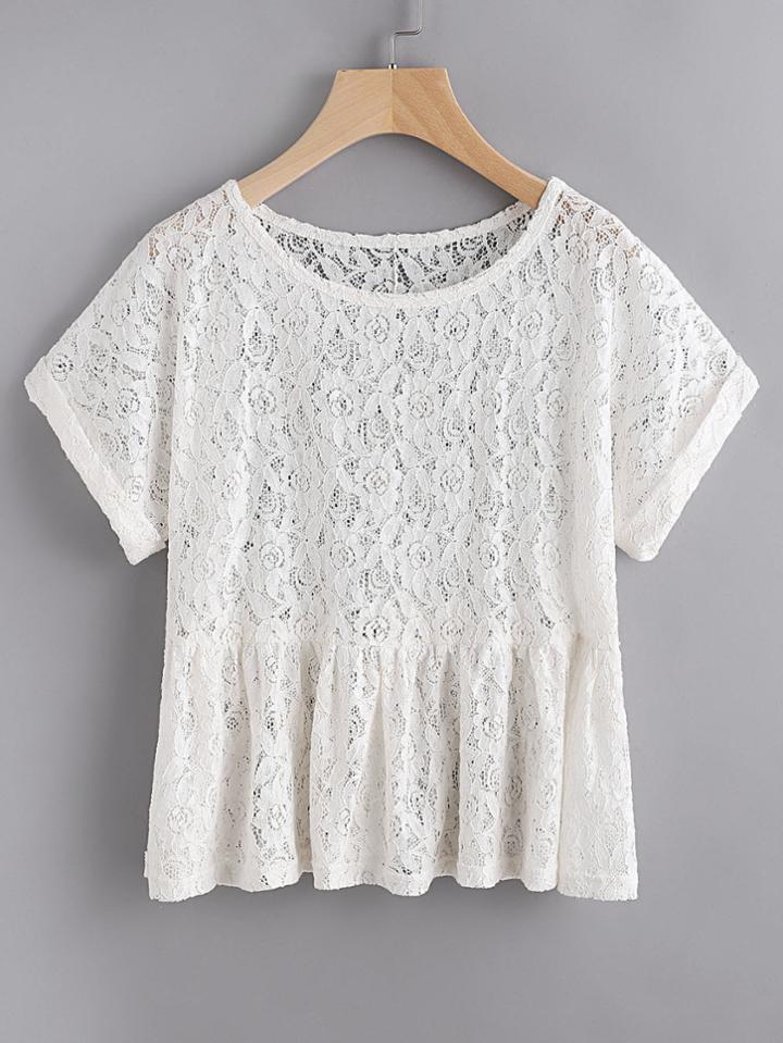 Shein Roll Cuff Ruffle Hem Floral Lace Top