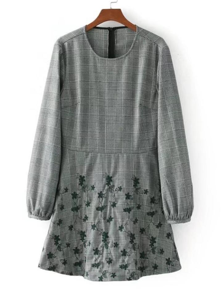 Shein Flower Embroidery A Line Plaid Dress