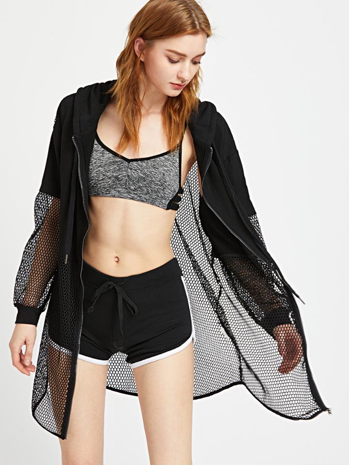 Shein Fishnet Insert Zip Up Hoodie