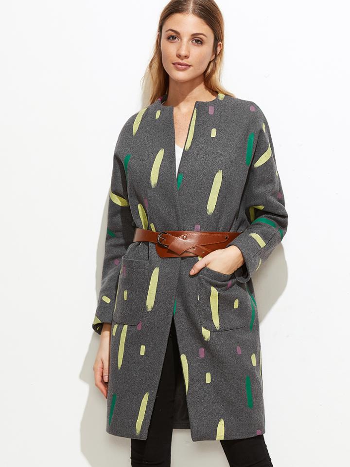 Shein Grey Paint Stroke Print Hidden Button Coat With Pockets