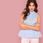 Shein Mock Neck Ruffle Hem Plaid Top