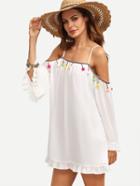 Shein White Pompom Decorated Bell Sleeve Shift Dress