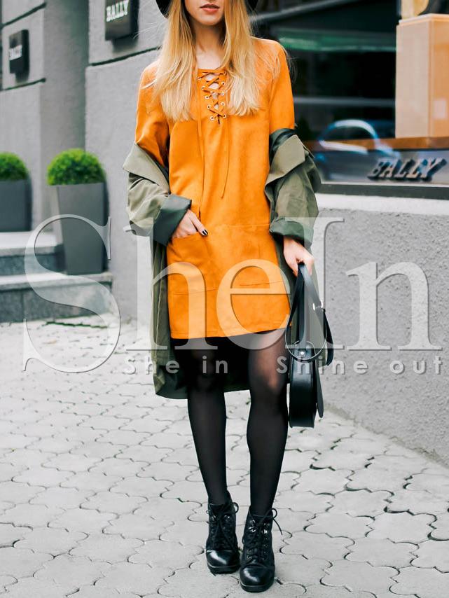Shein Yellow Lace Up Neck Shift Dress
