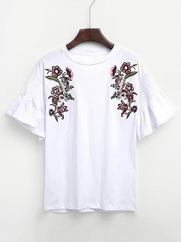 Shein Shirred Sleeve Embroidery Tee