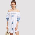 Shein Bardot Ruffle Trim Embroidered Dress