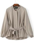 Shein Light Grey Raglan Sleeve Self Tie Embroidery Patch Coat