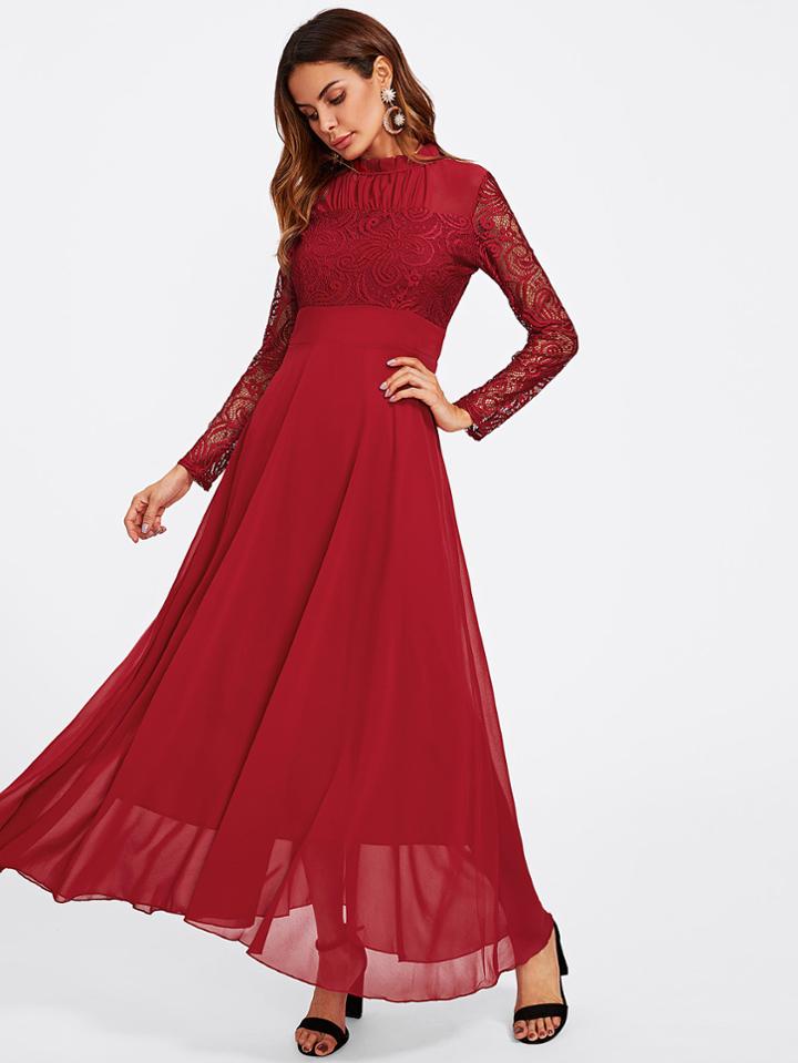 Shein Smocked Neck Lace Bodice Empire Waist Dress