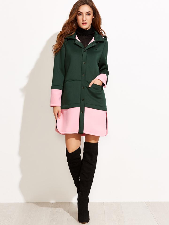 Shein Color Block Hooded Covered Buttons Padded Coat