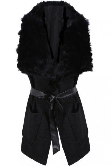 Shein Black Fur Lapel Sleeveless Belt Pockets Coat