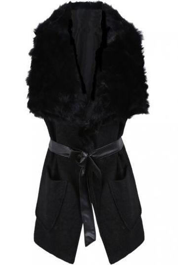 Shein Black Fur Lapel Sleeveless Belt Pockets Coat