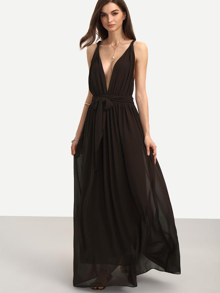 Shein Brown Sleeveless V Neck Tie Waist Maxi Dress
