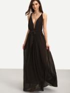 Shein Brown Sleeveless V Neck Tie Waist Maxi Dress