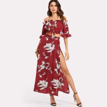 Shein Knot Front Crop Bardot Top And High Slit Skirt Set