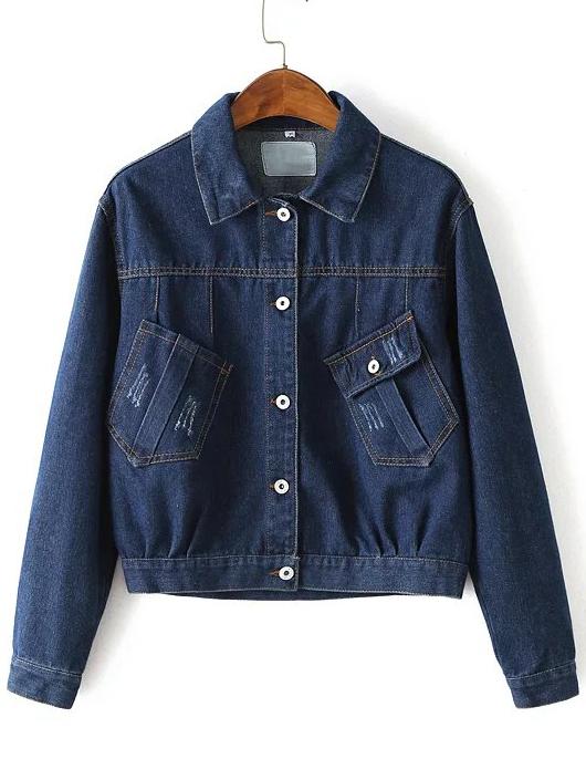 Shein Blue Pocket Front Denim Jacket With Button