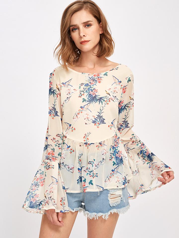 Shein Crisscross Back Trumpet Sleeve Semi Sheer Botanical Top