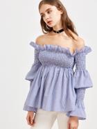 Shein Blue Striped Off The Shoulder Smocked Detail Babydoll Top
