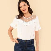 Shein Polka Dot Mesh Yoke Lace Insert Ruffle Top