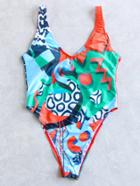 Shein Multicolor Printed V Neck One-piece Swimwear