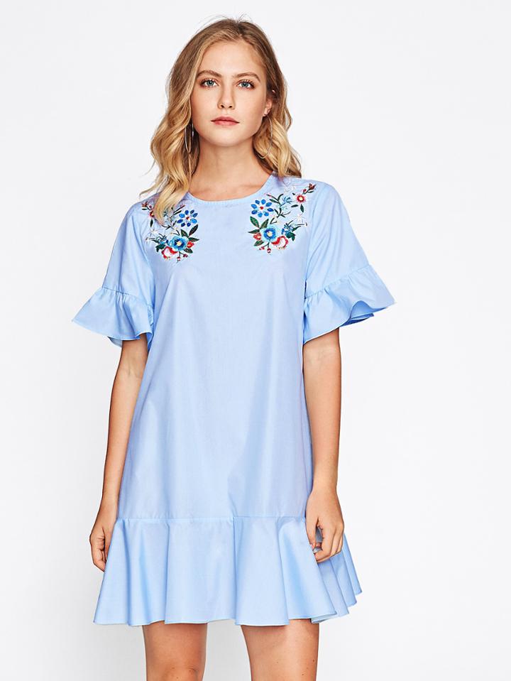 Shein Flower Embroidered Trumpet Sleeve Frilled Dress