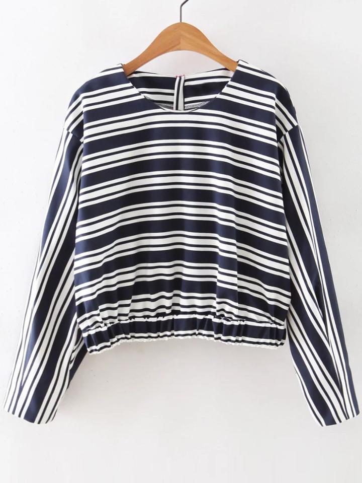 Shein Navy Contrast Stripe Shirred Zipper Back Top