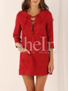 Shein Red Lace Up Pockets Dress