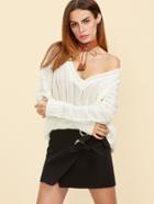 Shein White Ribbed Knit Deep V Neck Sweater