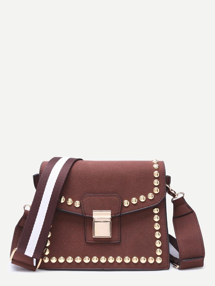 Shein Coffee Stylish Studded Trim Flap Leather Shoulder Bag