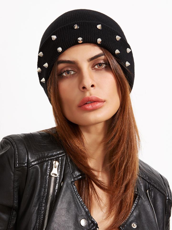 Shein Black Spike Studded Knit Beanie Hat For Women