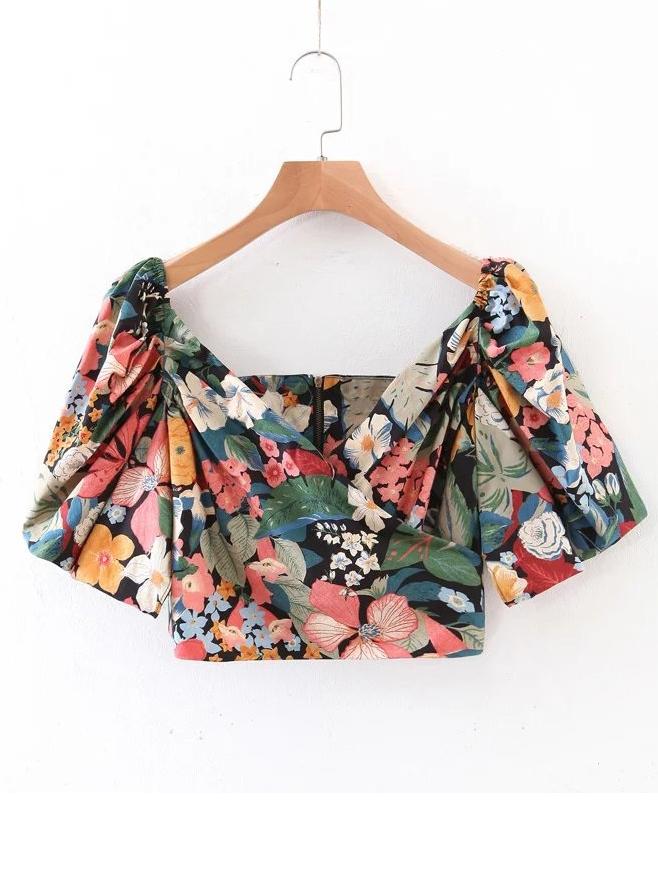Shein Plunging V-neckline Puff Sleeve Crop Top