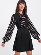 Shein Striped Tie Neck And Bishop Sleeve Pleated Dress