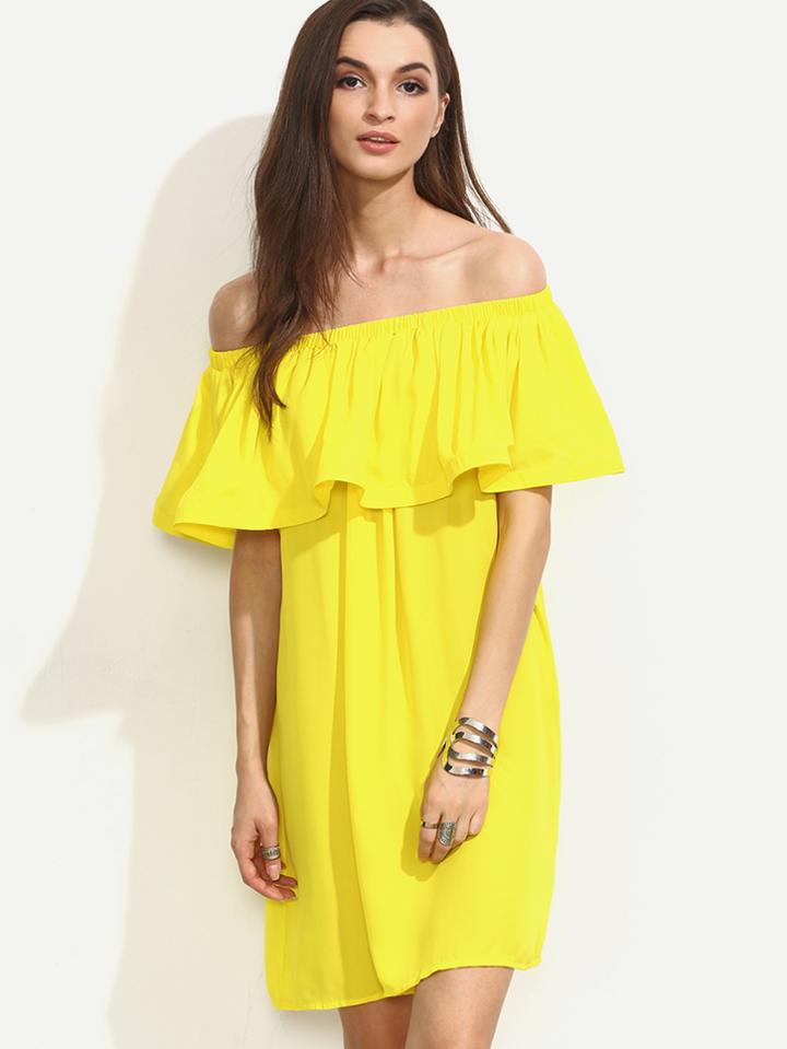 Shein Yellow Ruffle Off The Shoulder Shift Dress