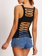 Shein Black Straps Ribbed Lattice-back Tank Top