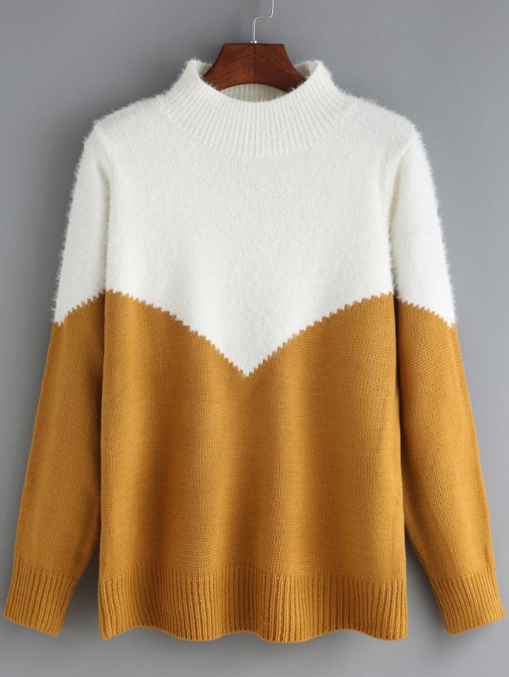 Shein Yellow White Mock Neck Loose Sweater