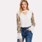 Shein Embroidered Mesh Sleeve Choker Neck Top