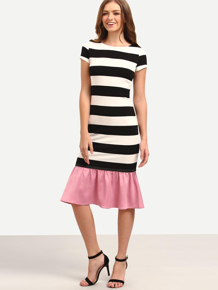 Shein Black White Striped Patchwork Ruffle Midi Dress
